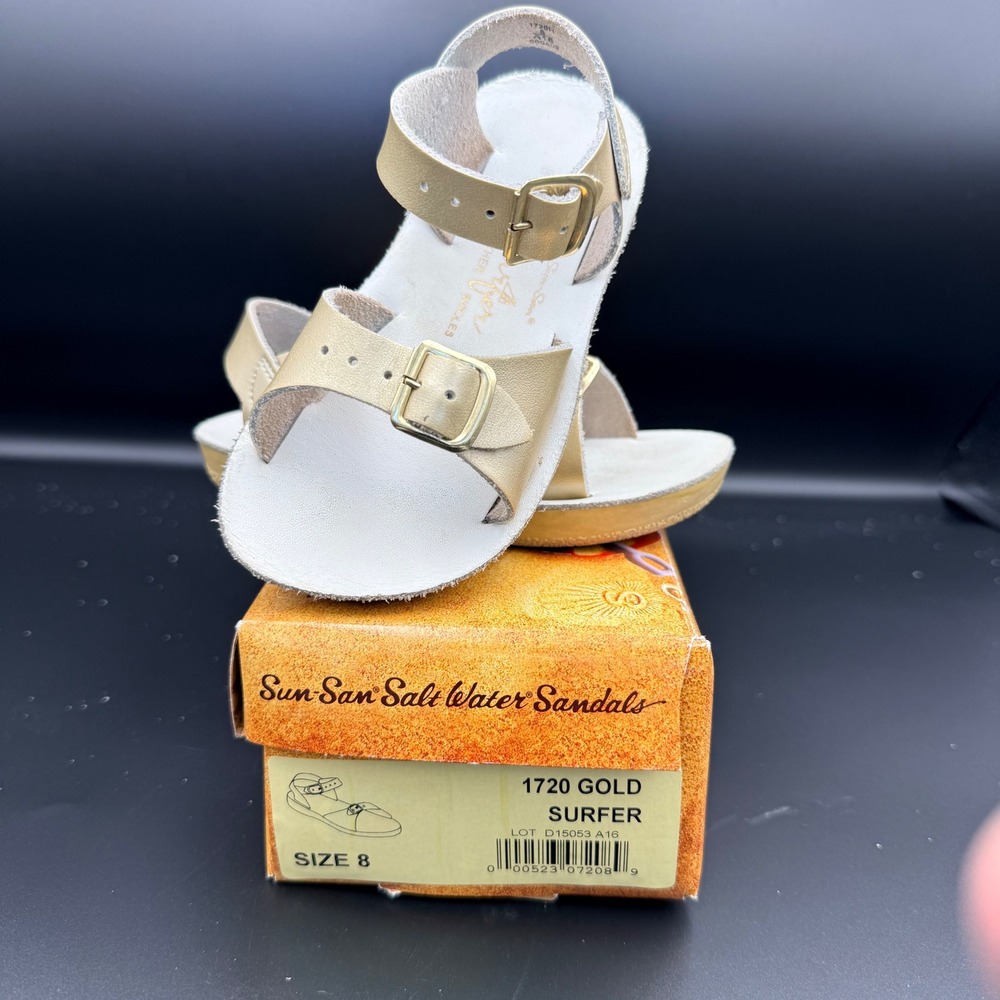 Sun-San Salt Water Sandals Surfer 1720 Gold Metallic Kids SZ 8 Two Strap Sandal